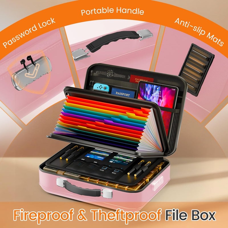 GOELF Fireproof Document Box with Lock, 5200°F Fireproof Water Resistant Hard Case File Organizer Safe Box for Important Documents, Certificates, Laptop, Passports (Pink) - Image 4